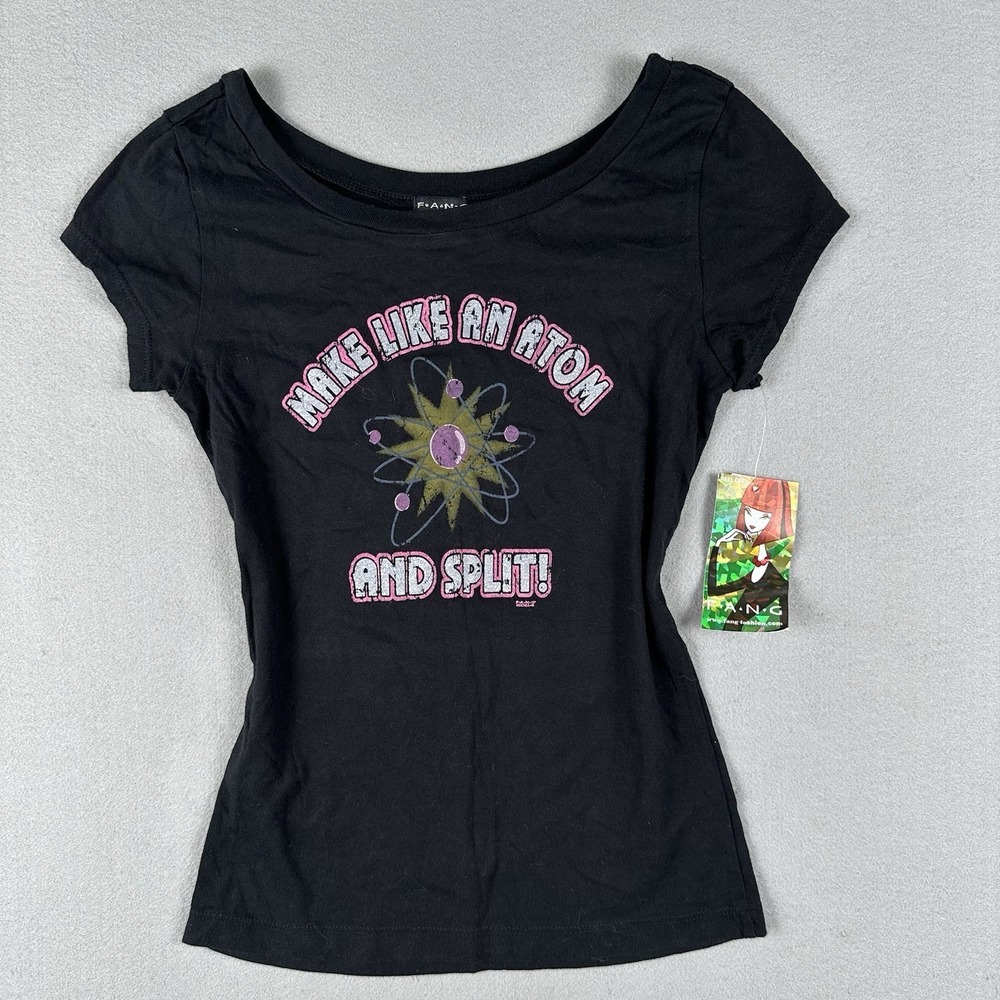 Y2K Fang Baby Tee Women's XS Black Make Like An Atom And Split 2004 Glitter